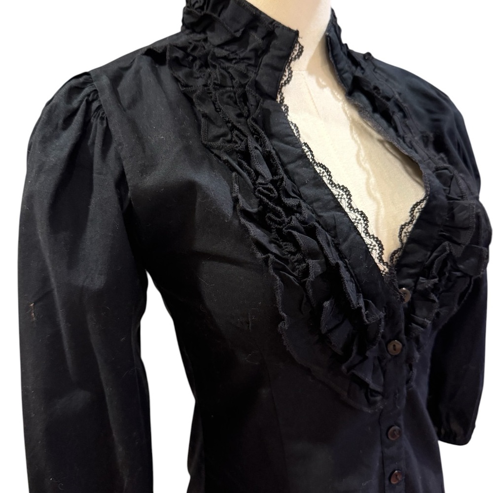Black Ruffle-Trim Button-Down Blouse with Lace V-Neck - Picture 5 of 5